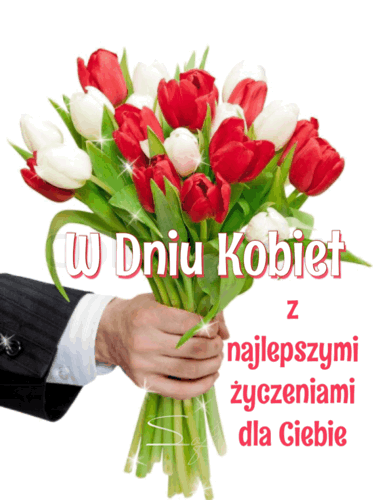 Mężczyzna Z Bukietem Białych I Czerwonych Tulipanów Z życzeniami Na Dzień Kobiet Życzenia Na 2354